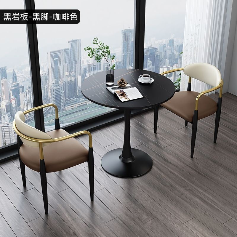 A light luxury sintered stone small round table for reception and negotiation tables and chairs, a trendy coffee table, balcony lounge table, and chair combination