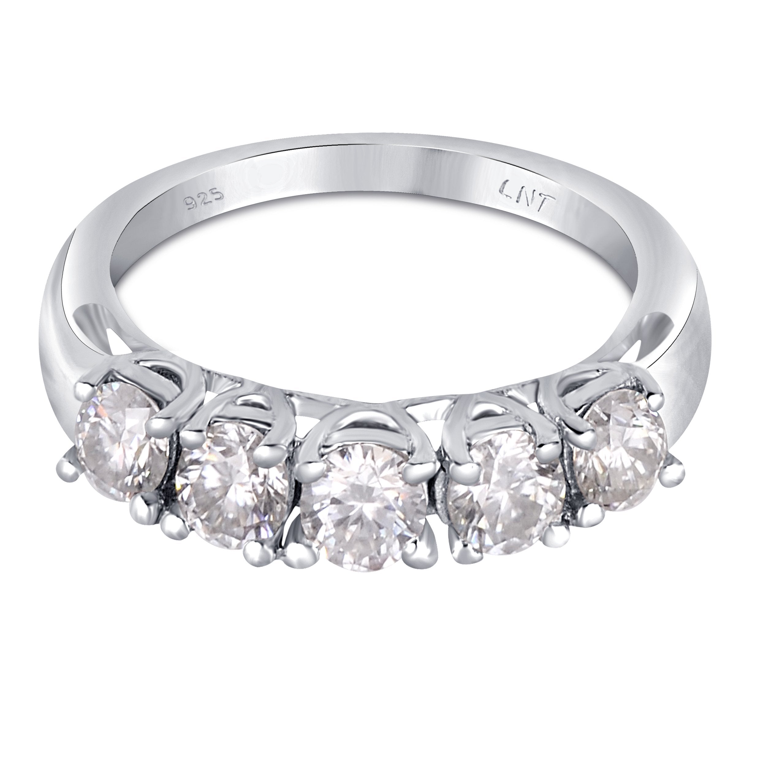 Sterling silver white moissanite 5-stone ring with sparkling gemstones, elegant jewelry design from Copper Juniper.