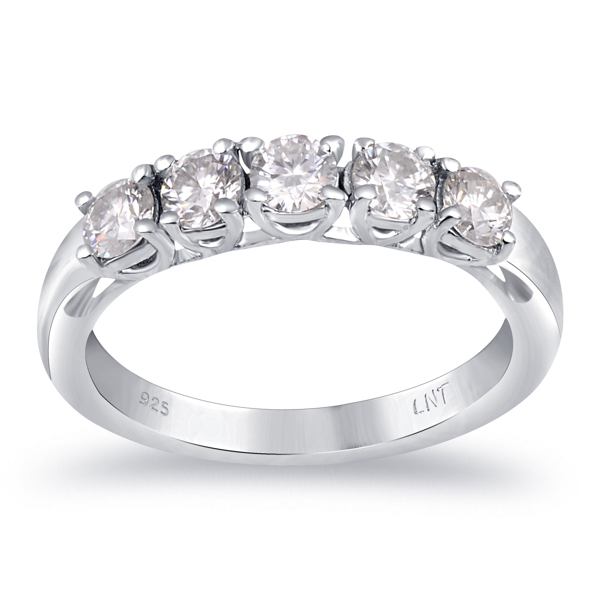 Sterling silver white moissanite 5-stone ring with sparkling gemstones, elegant jewelry by Copper Juniper.