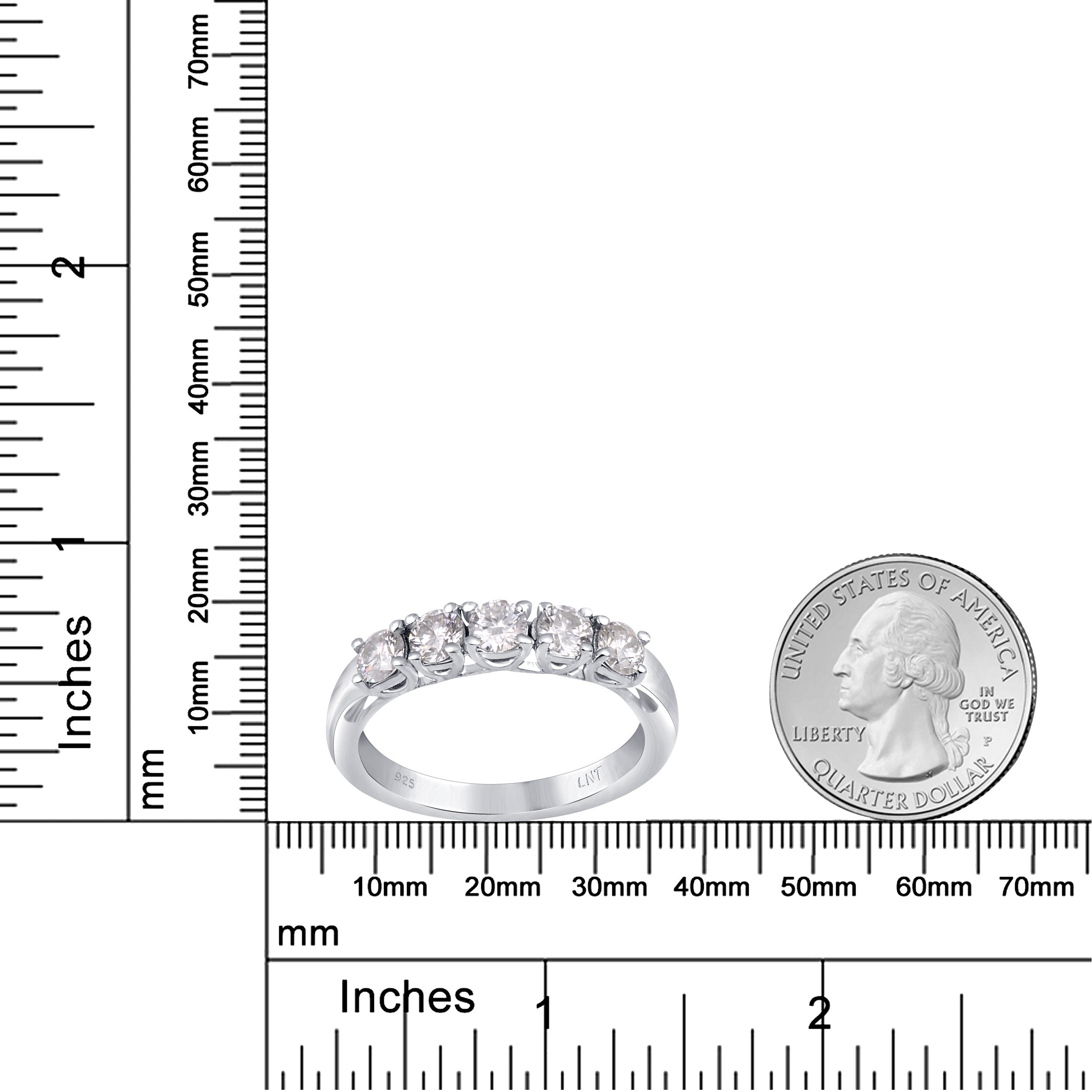 Sterling silver white moissanite 5-stone ring featuring sparkling gemstones, elegant jewelry piece with a sleek design.