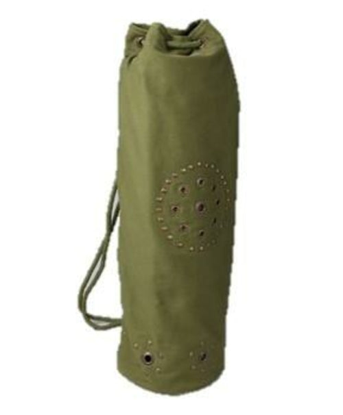 Olive green OMSutra OM Mahashakti Yoga Bag from Alabaster, designed for carrying yoga mats and accessories.