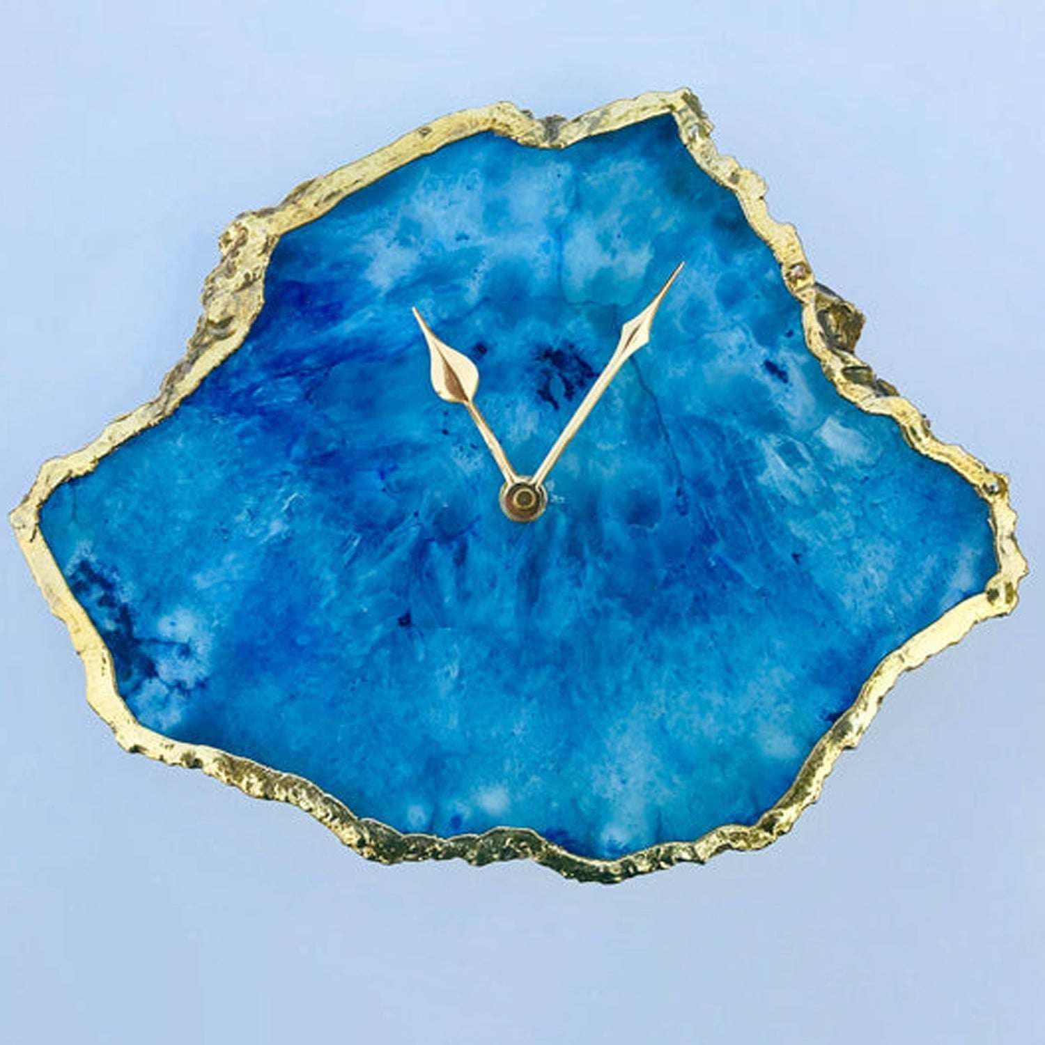 Ocean blue large agate wall or table clock by Coffee Dione with natural stone texture and minimalist design for home decor.