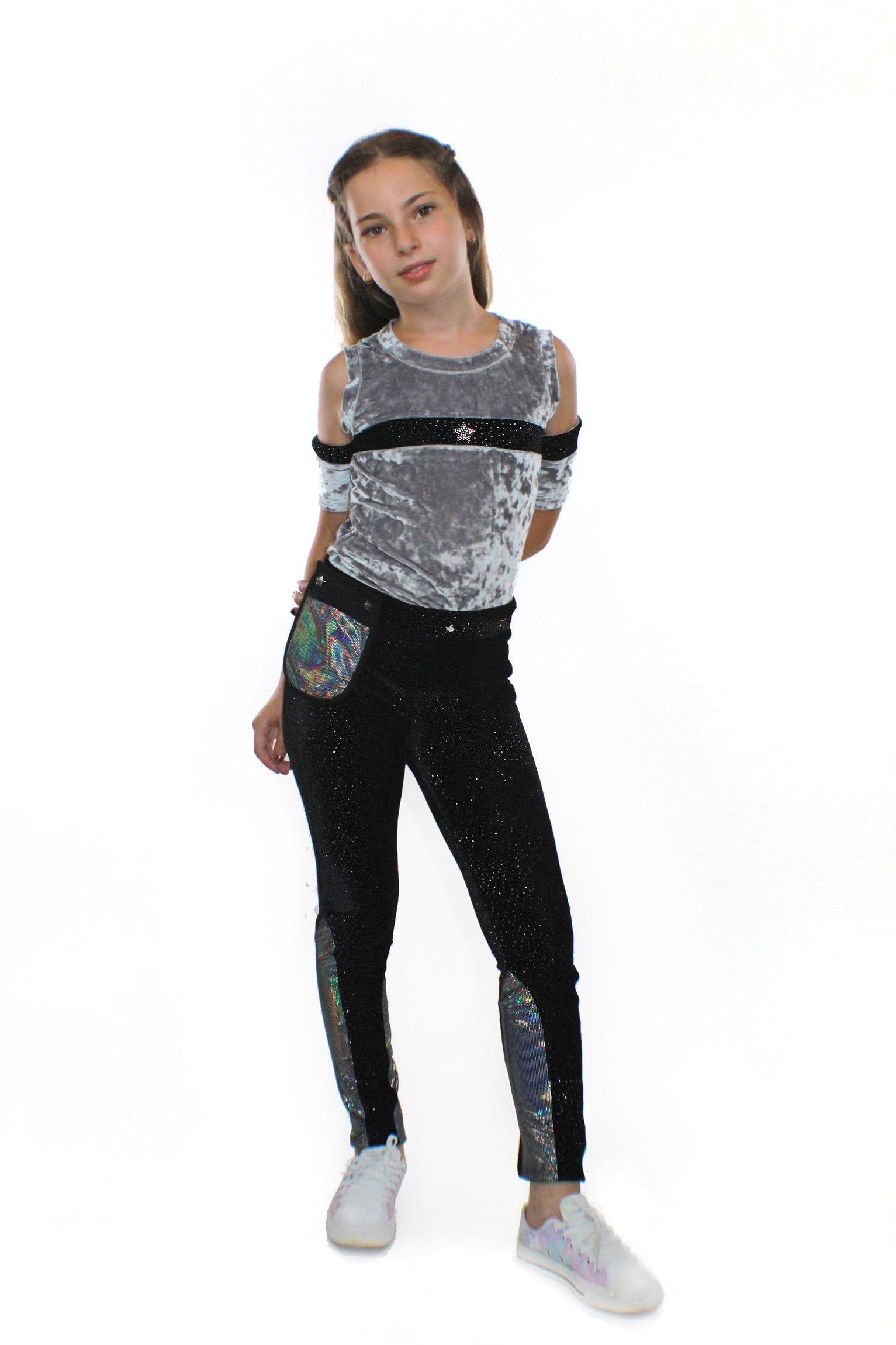 Sky Blue Beech Ori Kids Pants in glitter stretch velvet with Pocketwist™ and sleek design, featuring a stylish, comfortable fit.