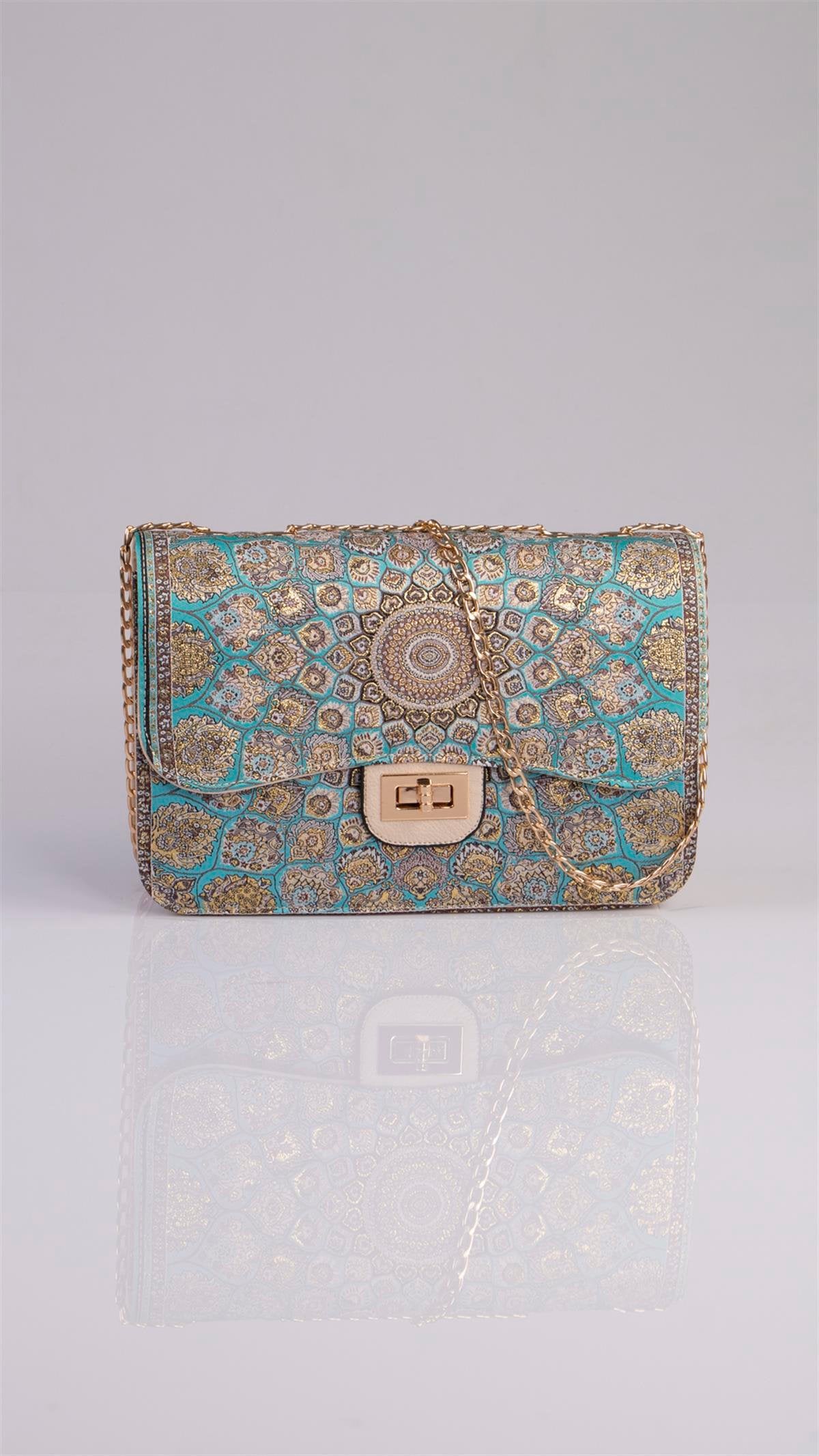 Handmade Oriental multicolor handbag by Chocolate Eros featuring beige and turquoise colors with intricate mandala patterns.