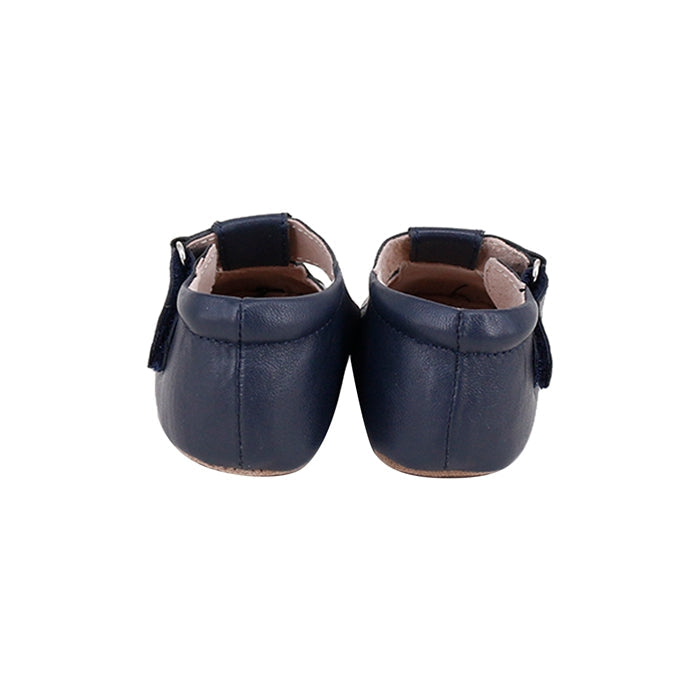 Rose Chestnut Dakota baby and toddler navy first walker shoes shown from the back, soft footwear for little feet.