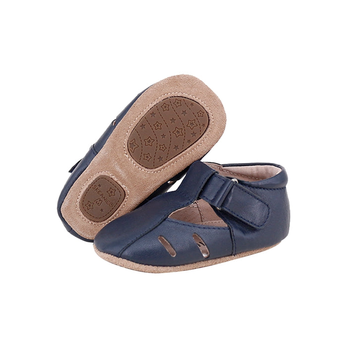 Rose Chestnut Dakota baby and toddler navy first walker shoes with soft soles and secure Velcro straps for early walking.