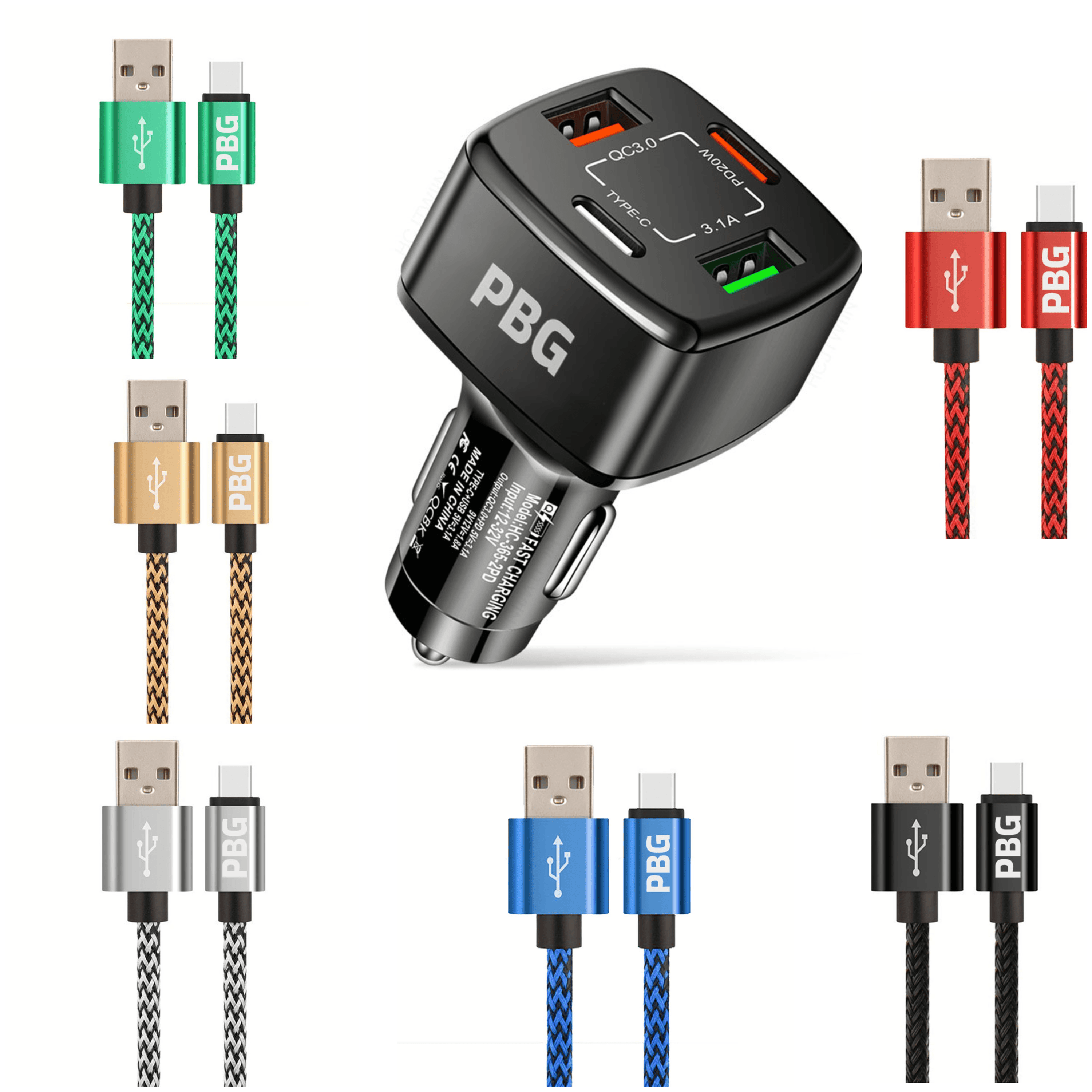 Fuchsia Electra 4-Port PD/USB car charger with a 10ft Zebra iPhone charging cable, mobile and laptop accessories bundle.