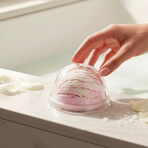 Organic Coco Butter and Coconut Milk foaming bath truffle by Emerald Tulsi, shown in a close-up with a soft, creamy texture.