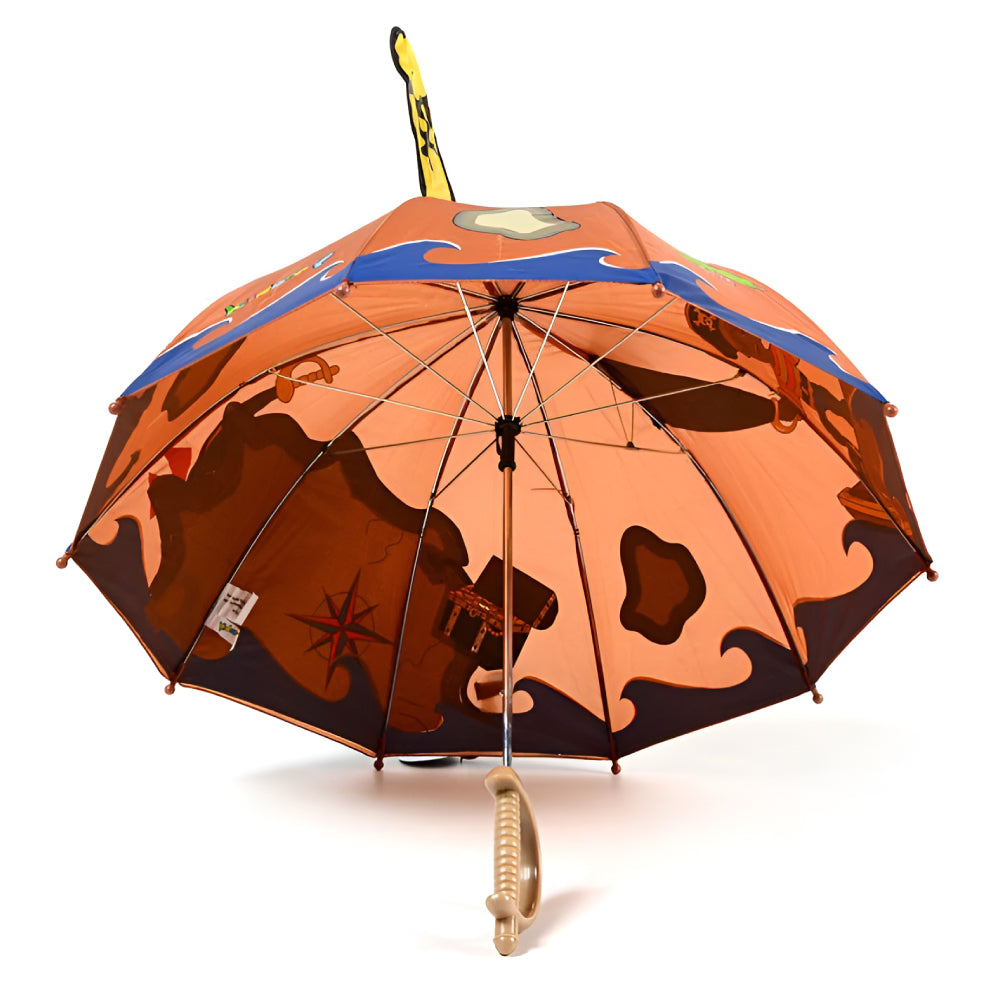 Kids pirate umbrella by Magenta Ash, featuring a colorful pirate ship design on the umbrella canopy.