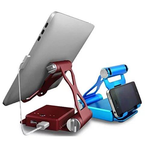 Salmon Lucky podium style folding stand with extended built-in power bank for iPad and iPhone devices.