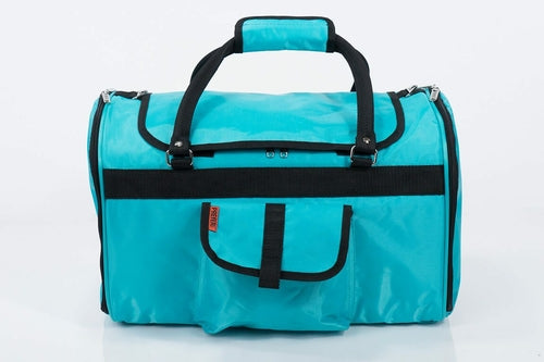 Pink Coconut 312 Hideaway™ Duffel pet carrier in aqua, front view showing breathable mesh panels and sturdy handle.