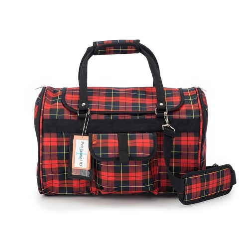 Pink Coconut 312 Hideaway™ Duffel pet carrier in red plaid, front view showing breathable mesh panels and sturdy handles.