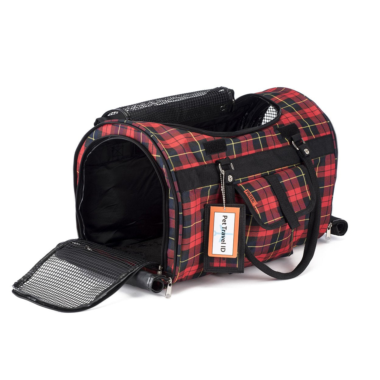 Pink Coconut 312 Hideaway™ Duffel pet carrier in red plaid, side view with open top, designed for comfortable pet travel.