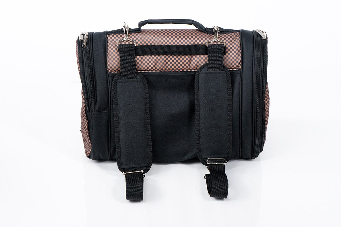Pink Coconut 358 Hideaway™ backpack pet carrier with brown checkered fabric and adjustable back straps for comfortable pet travel.