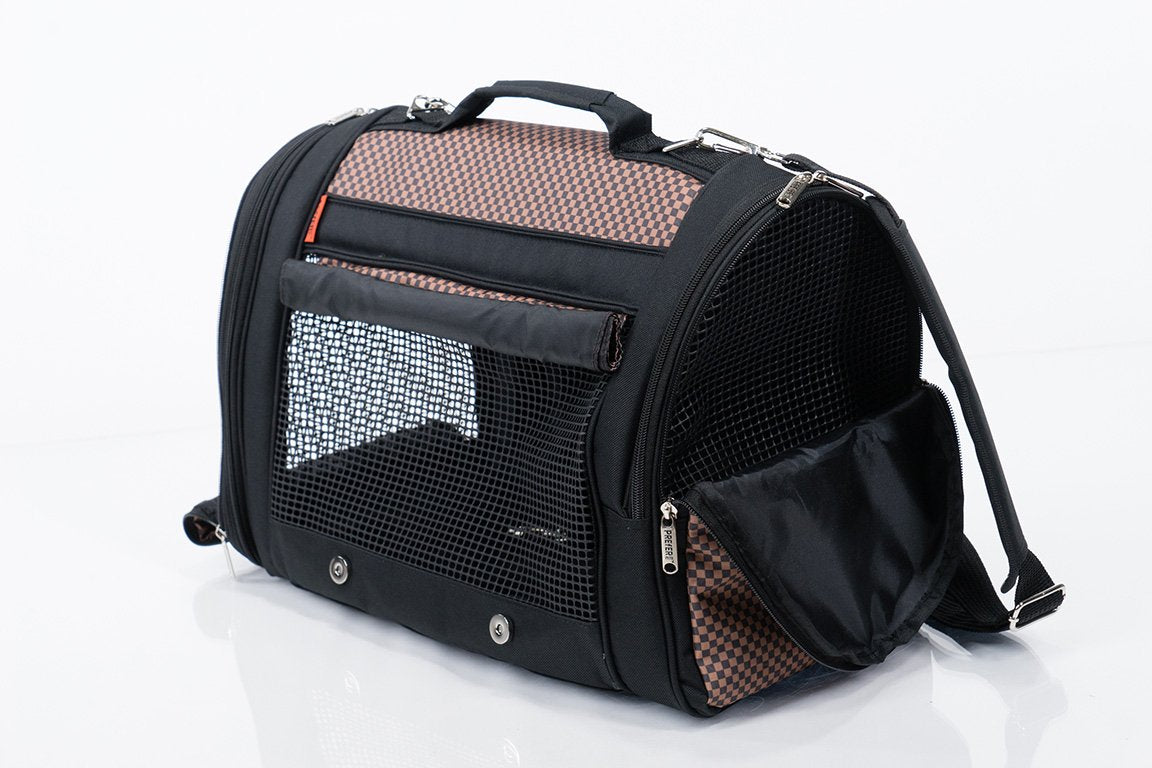 Pink Coconut 358 Hideaway™ backpack pet carrier in brown checkers, shown with side rolled-up for easy pet transport.