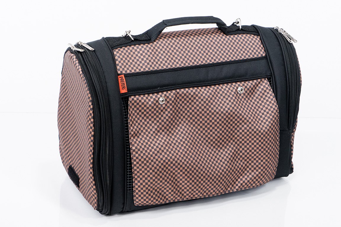 Brown checkered Pink Coconut 358 Hideaway™ Backpack pet carrier shown from side view, designed for comfortable pet travel.