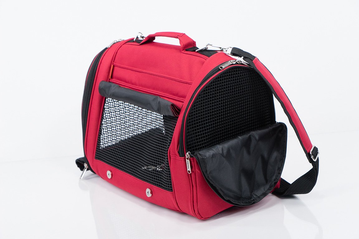 Pink Coconut 358 Hideaway™ Backpack pet carrier in burgundy, shown with side rolled up, designed for comfortable pet transport.