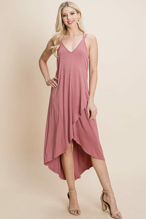 Dusty pink deep V cami casual dress with high-low hem and crisscrossing straps by Aquamarine Gaia, styled for women&