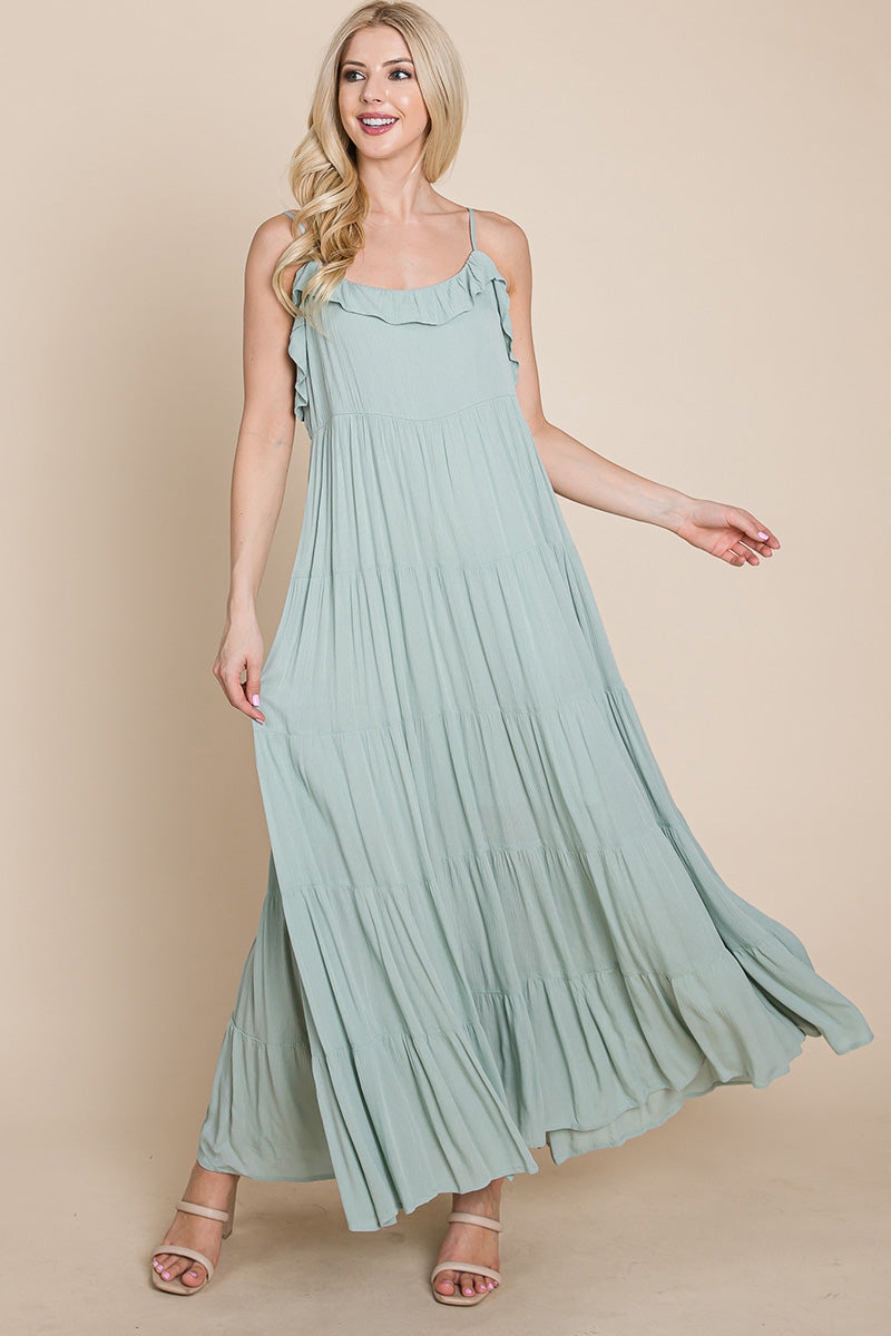 Sage green Aquamarine Gaia tiered tie strap cami maxi dress for women, featuring layered fabric and adjustable straps.