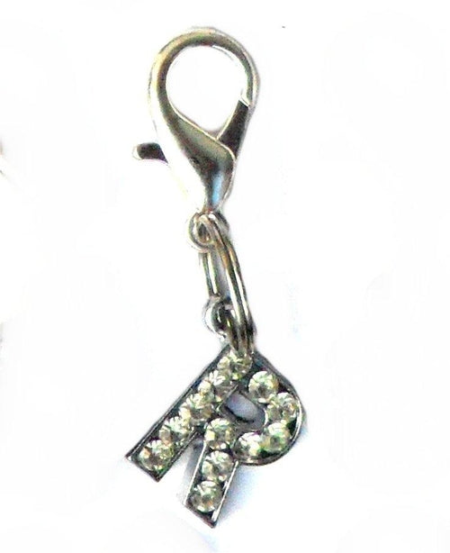 Salmon Oscar A-Z crystal letter pet charm attached to a leash, featuring sparkling crystal embellishments for pet accessories.