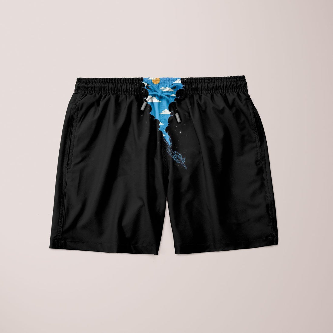 Scorpius Cave Shorts made of lightweight fabric, displayed on a hanger, featuring a casual fit and neutral color for relaxed summer wear.