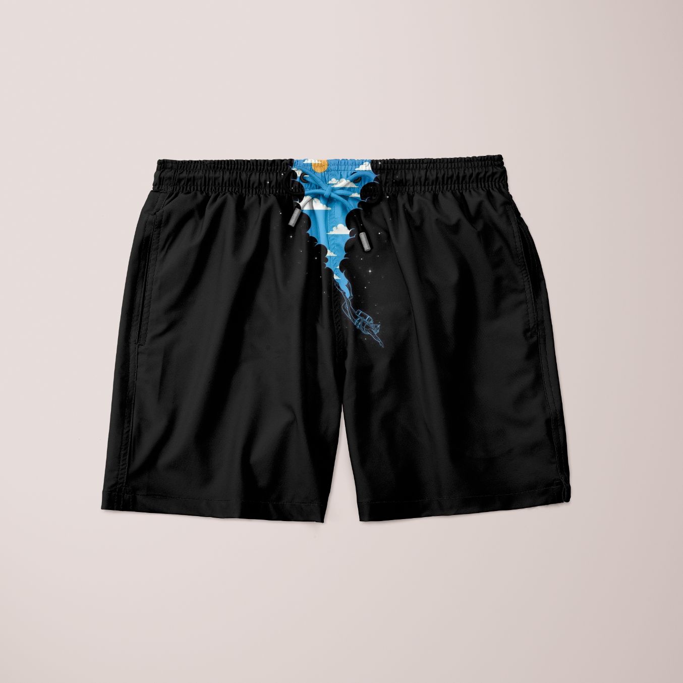 Scorpius Cave Shorts made of lightweight fabric, displayed on a hanger, featuring a casual fit and neutral color for relaxed summer wear.
