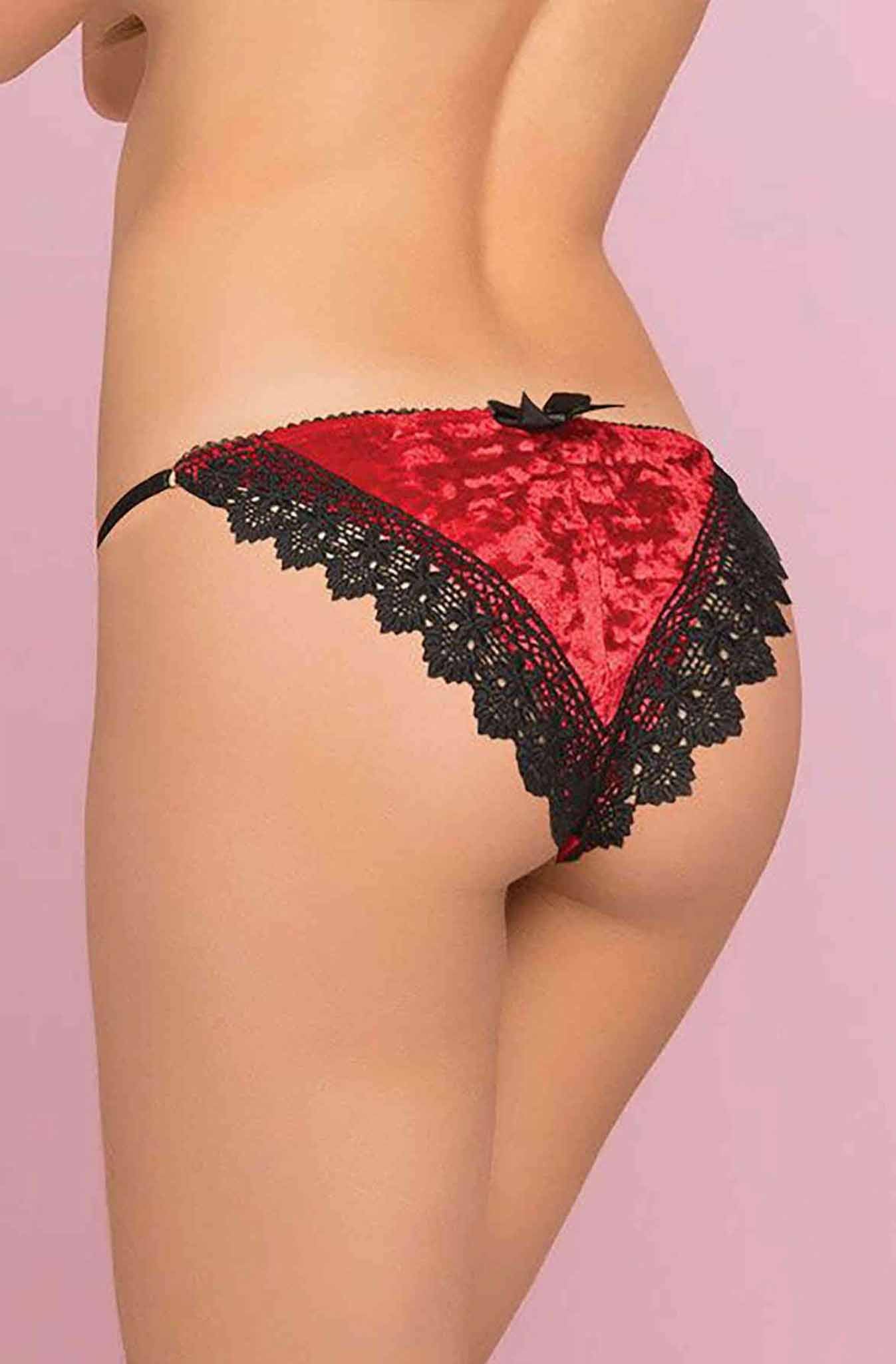 Red crushed velvet sexy panty by Harlequin Icarus, featuring lacy line details and a flattering women&