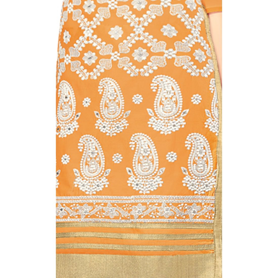 Orange glaze cotton fabric dress material for women, shown in Ivory Cassiopeia brand image, highlighting the textured textile.