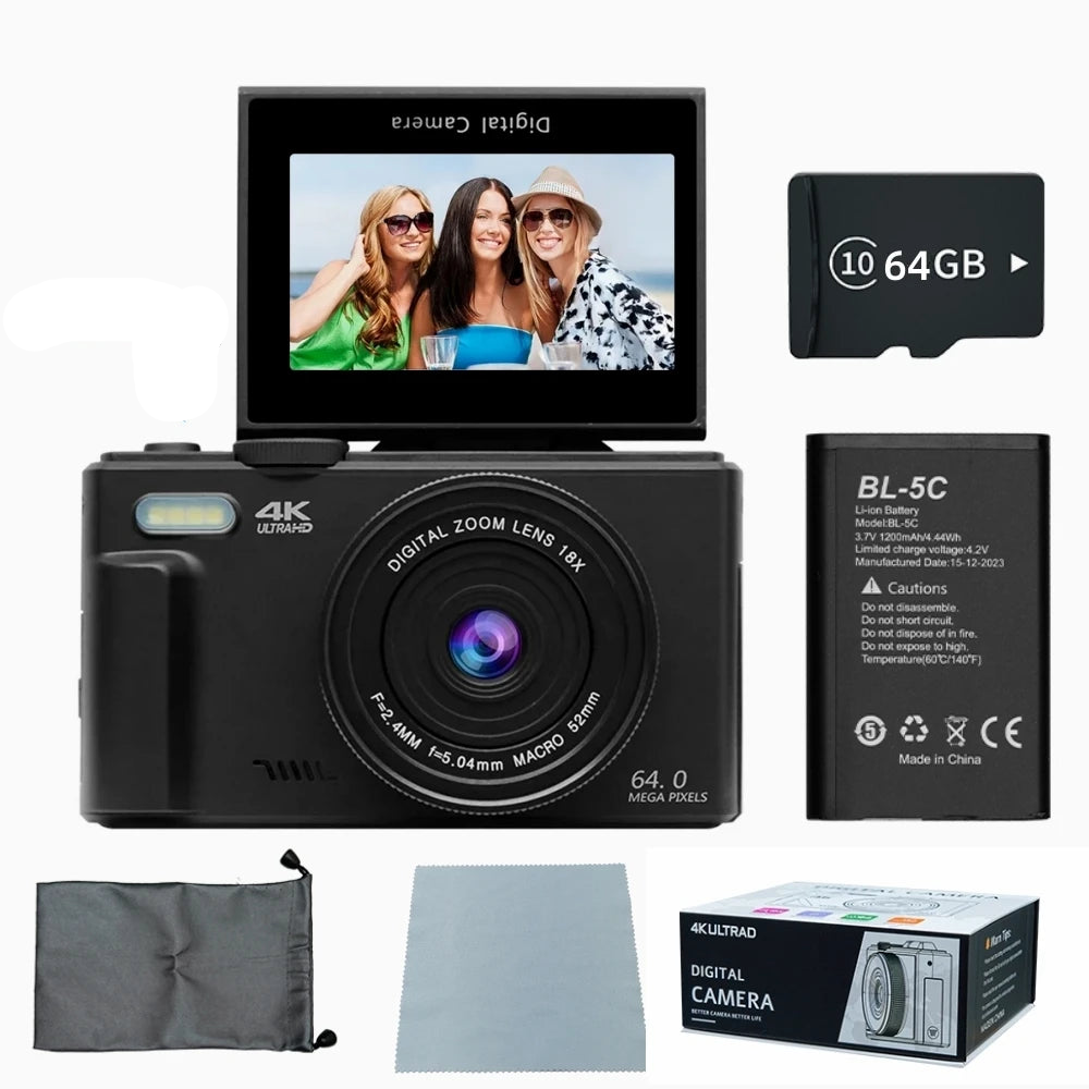4K Digital Camera for Photography 64MP Vlogging Black
