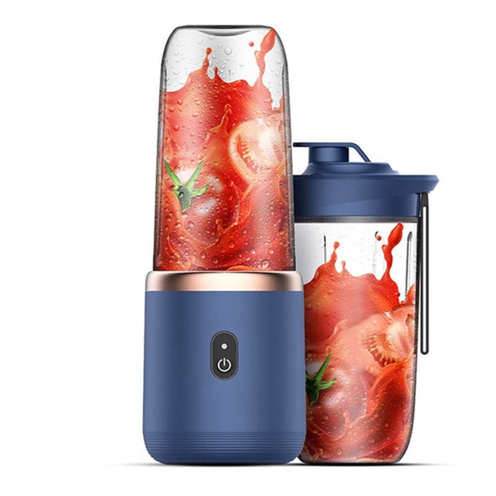 Yellow Pandora twin gear portable juice blender placed on a kitchen countertop, showcasing its compact design and stainless steel blades.