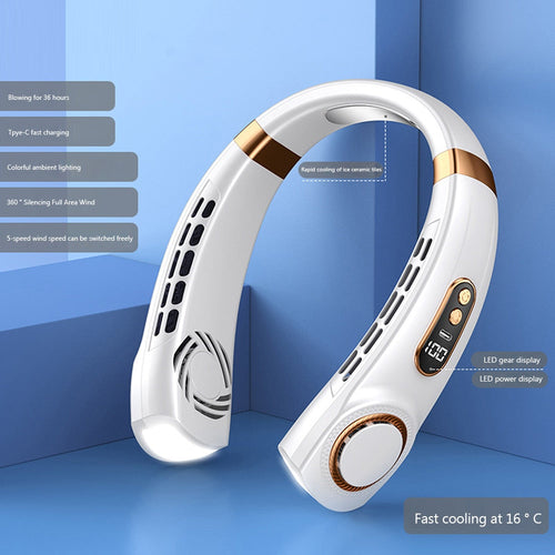 Yellow Pandora wearable fan with built-in LED lights, a compact tech accessory designed for personal cooling and style.