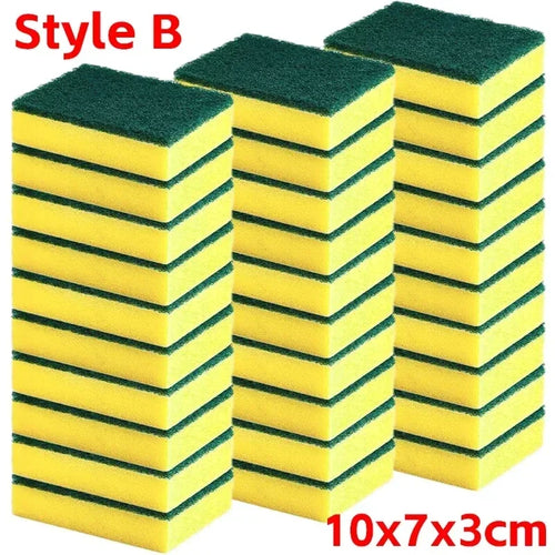 Highly absorbent double-sided cleaning sponge with rust removal features, ideal for kitchen and household cleaning tasks.