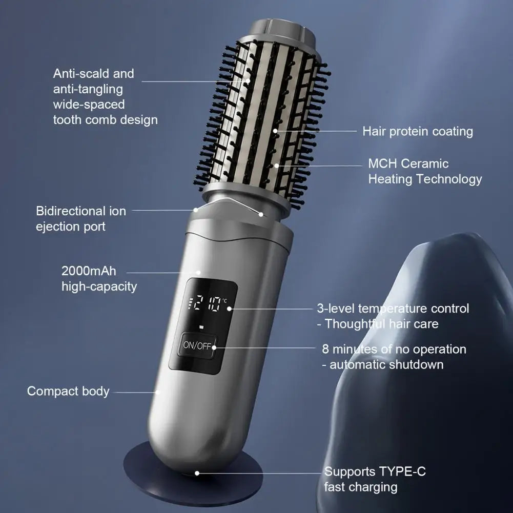 Maroon Asteria cordless USB rechargeable travel heated round curling iron brush, compact hair styling tool with handle and bristles.