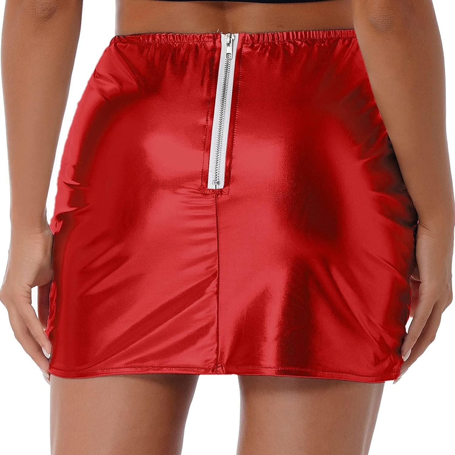 Women’s metallic shiny winter A-line mini skirt by Red Iphigenia, featuring a warm, reflective fabric and stylish fit.
