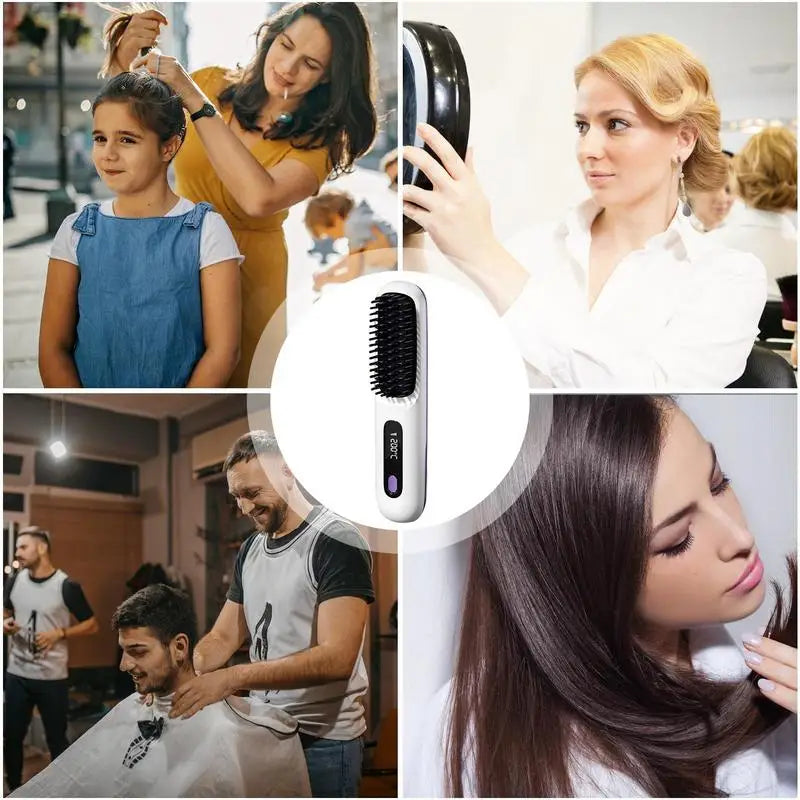Maroon Asteria cordless hair straightener brush with LCD display, electric hot styling tool for smooth, straight hair.