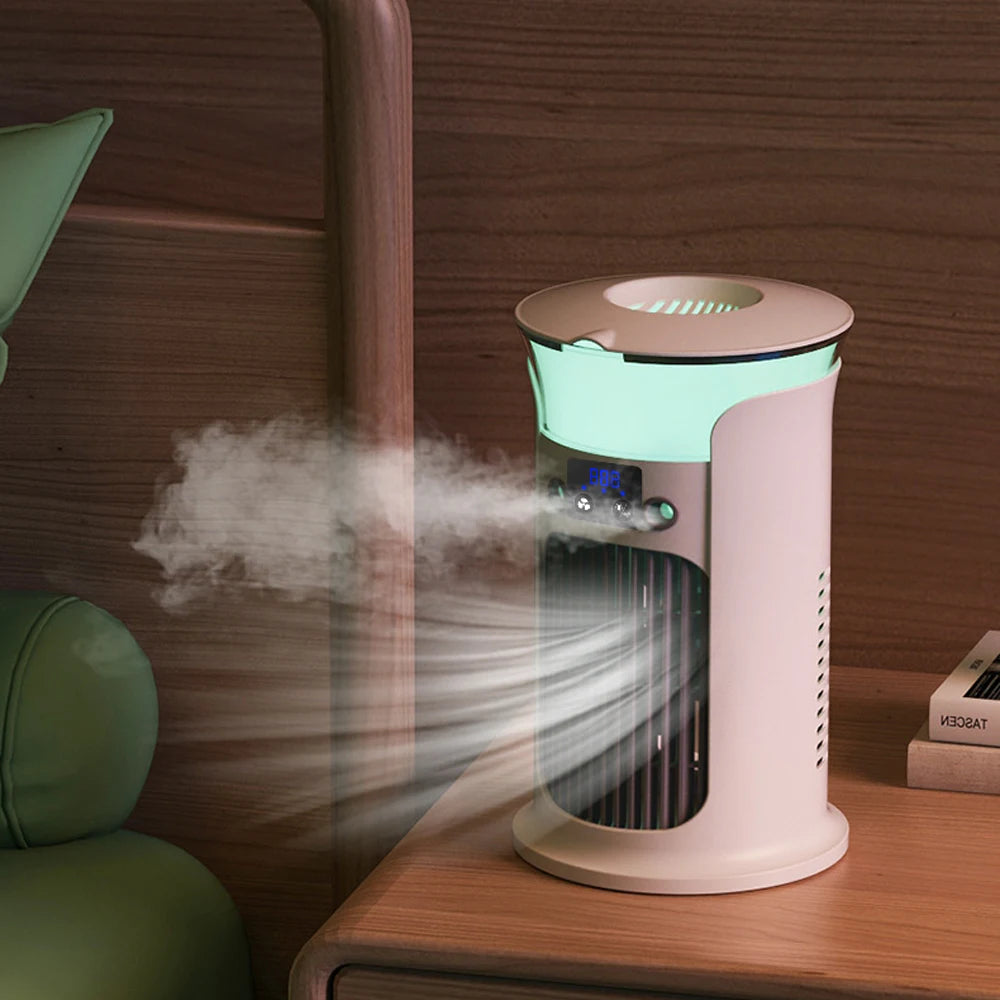 Maroon Asteria portable rechargeable quiet cool air fan with humidifier, desktop home improvement device for cooling and humidifying.