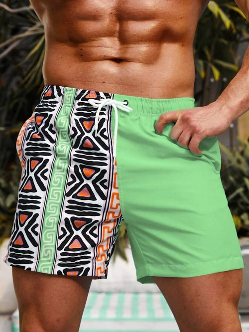 Raspberry Eurybia Hawaiian vacation beach shorts with vibrant tropical print, laid flat on a white background.