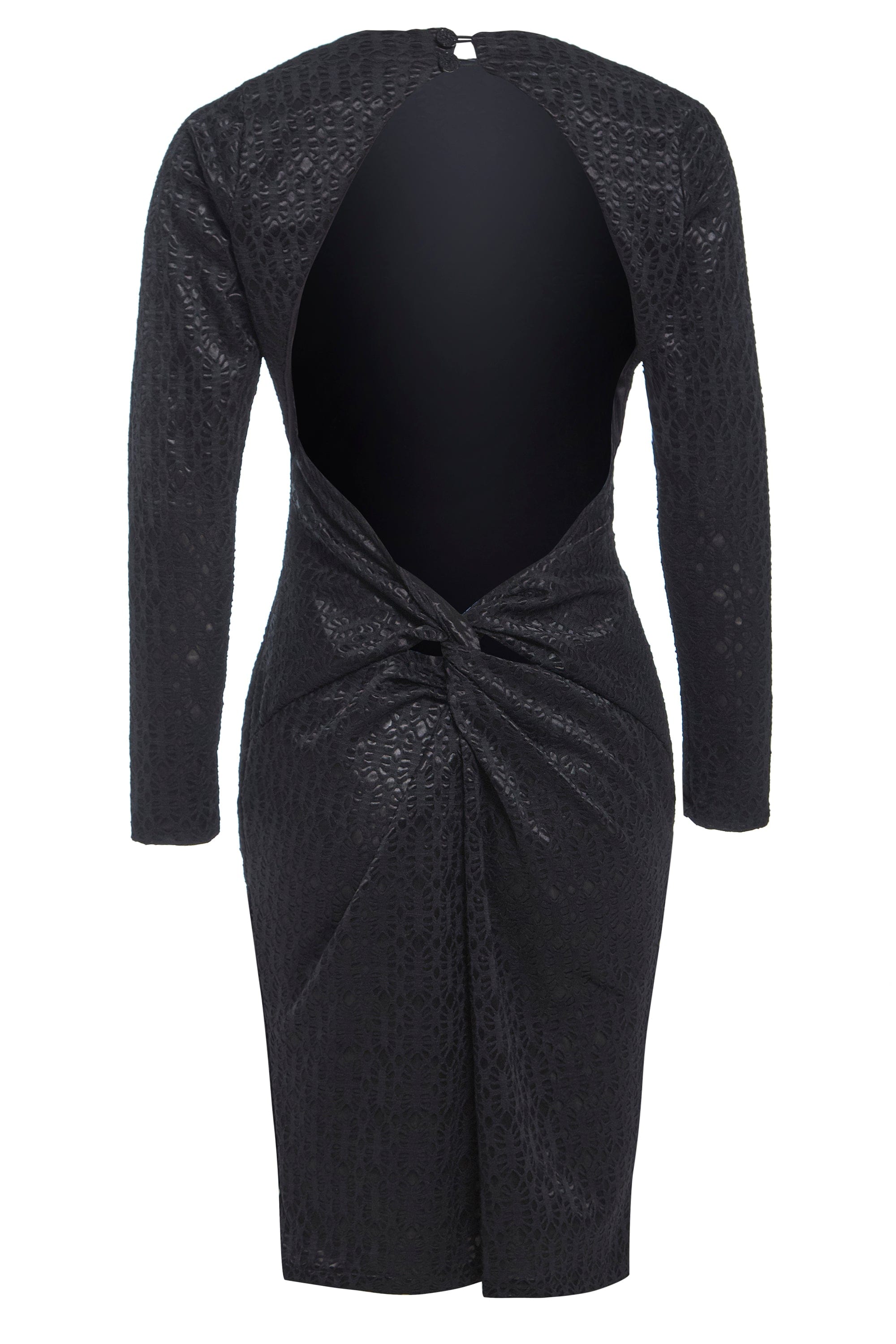 Black twisted backless dress by Blush Athena, showing a stylish dress with a twisted neckline and open back design.