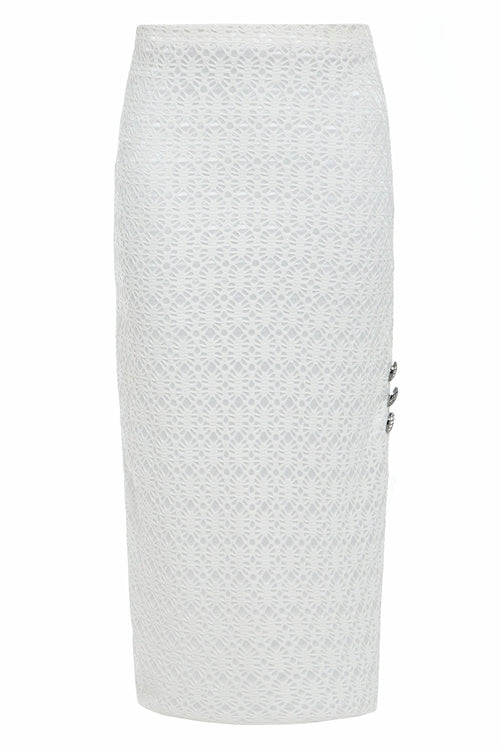 White bodycon lace skirt from Blush Athena, styled as a dress with intricate lace details and a fitted silhouette.
