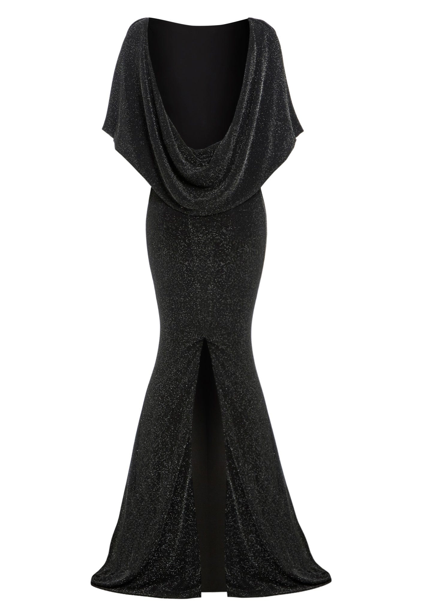 Black cowl back gown by Blush Athena, elegant evening dress with flowing fabric and cowl neckline, stylish and sophisticated.