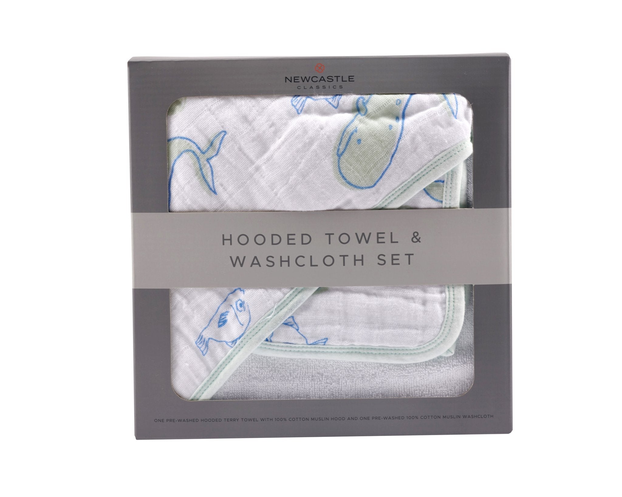 Kids and babies whale hooded towel and washcloth set by Lavender Charlie, featuring soft cotton fabric with ocean-themed whale design.