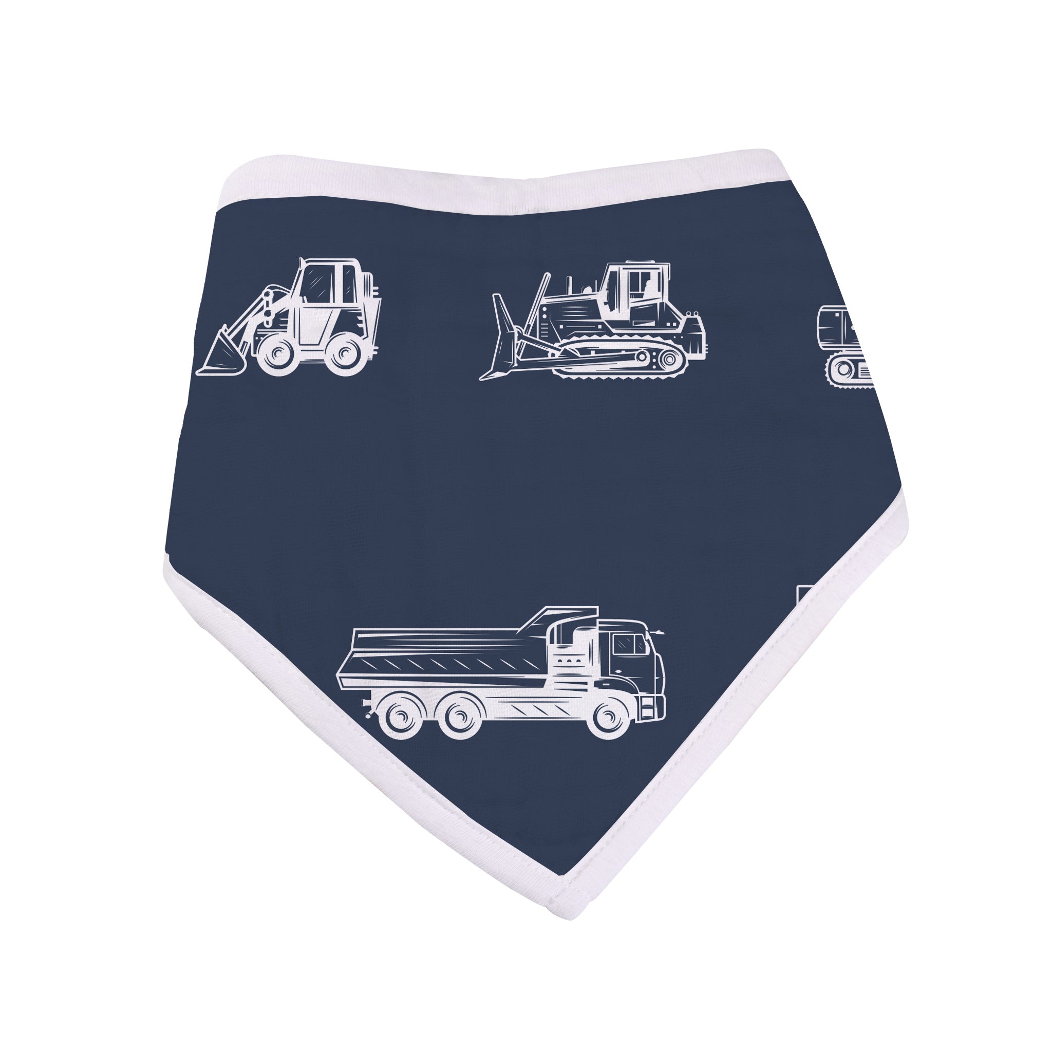 Lavender Charlie Things That Go bandana bib for babies, featuring colorful vehicle patterns on soft fabric.