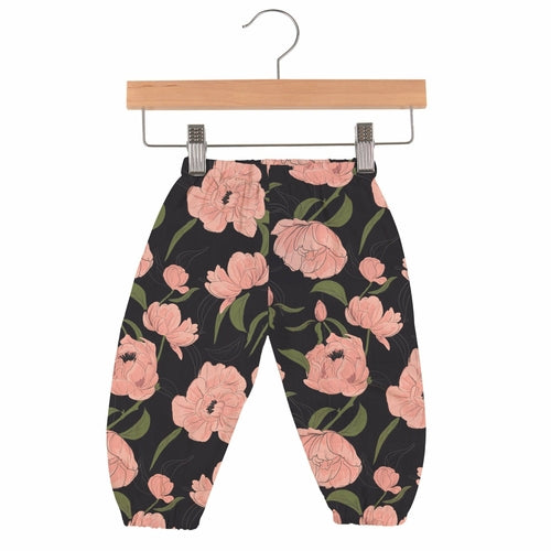 Kids and babies lavender peony print mini pants by Lavender Charlie, soft fabric, comfortable fit, adorable for little ones.