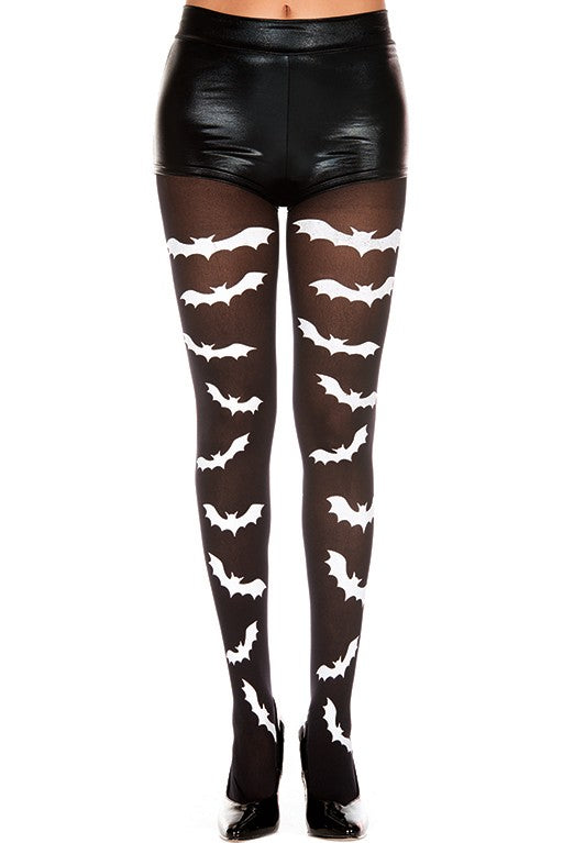 Black and white Gothic bat print pantyhose by Rose Chloe, featuring a stylish bat design on sheer hosiery for a bold look.