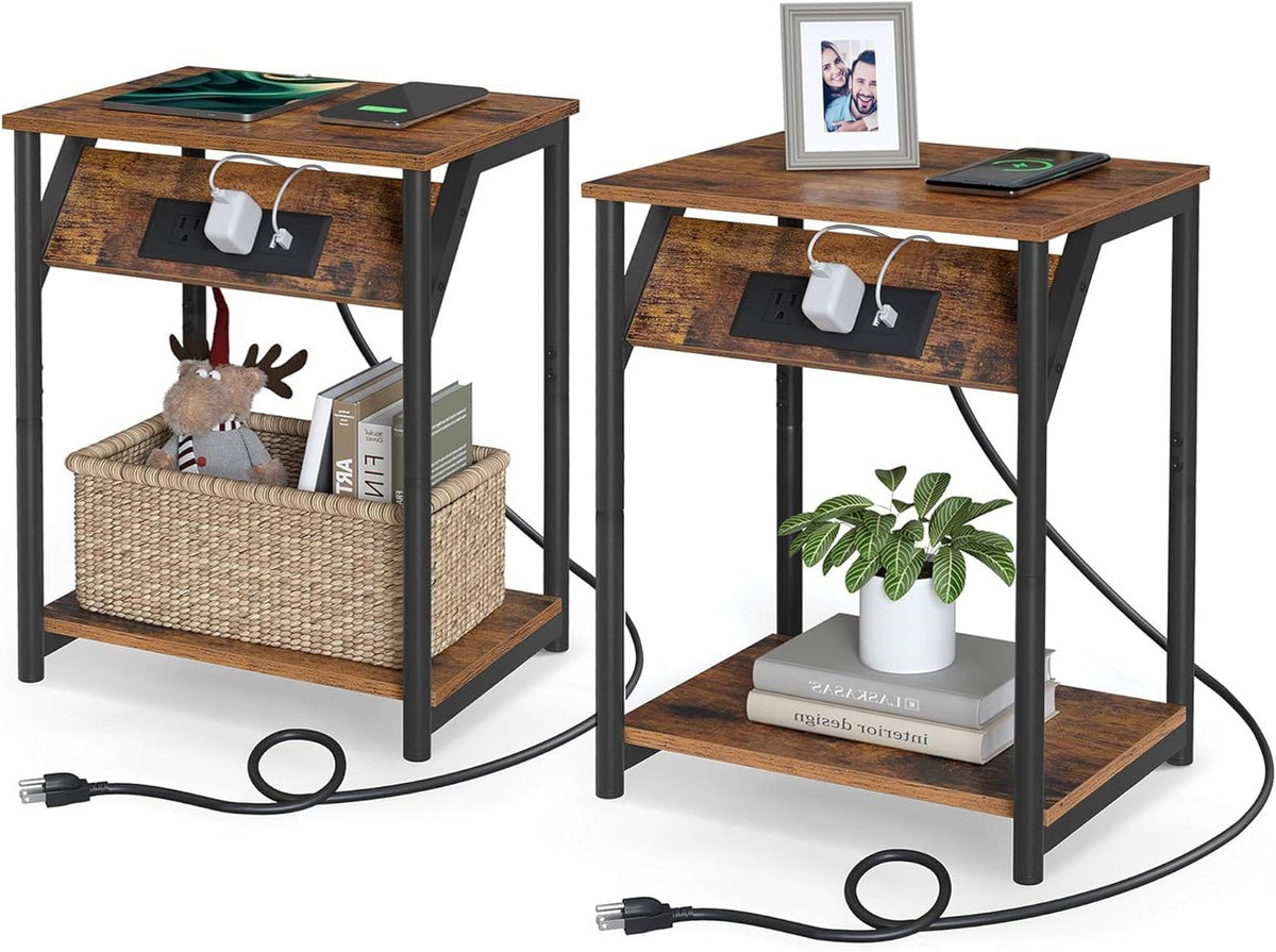 Set of 2 - Nightstand End Tables Charging Station with 2 USB ports