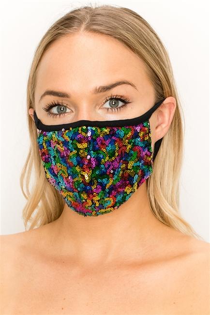 Kyanite Fashion Mask 101-FL6-MULTI-SW315 sequin double-layer contoured face mask with colorful embellishments, accessories.