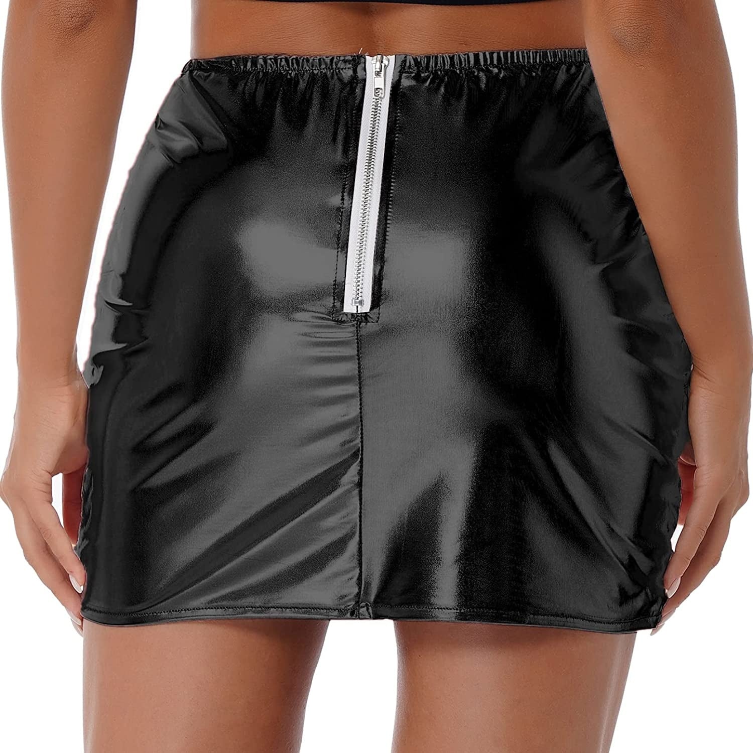 Women’s metallic shiny winter A-line mini skirt by Red Iphigenia, featuring a warm, reflective fabric and sleek design.