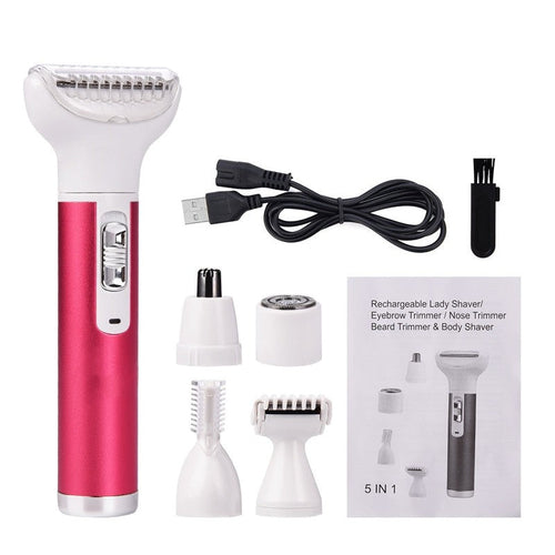 Maroon Asteria 5-in-1 women’s epilator with eyebrow trimmer and lady shaver for hair removal and grooming.