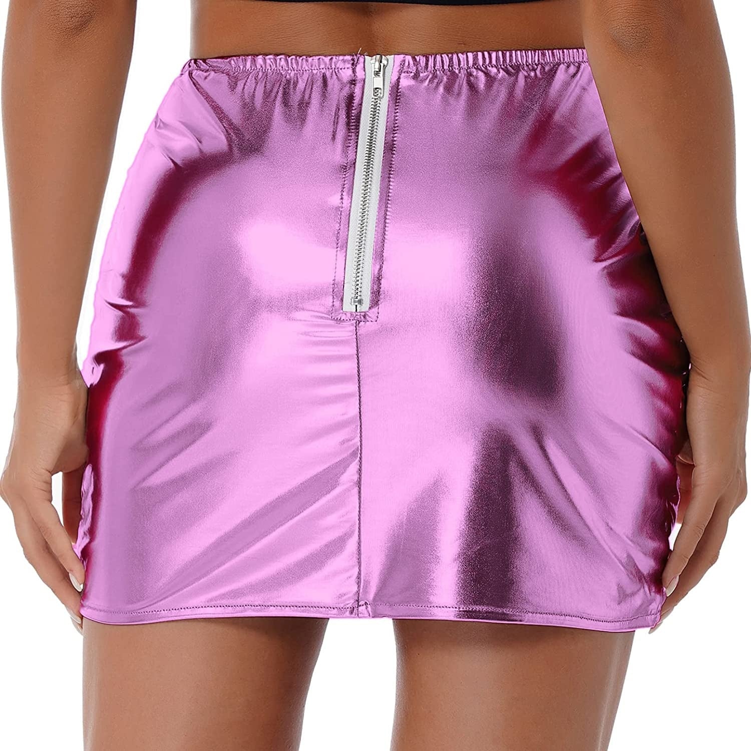 Women’s metallic shiny A-line mini skirt by Red Iphigenia, featuring a winter warm, reflective metallic finish and stylish fit.
