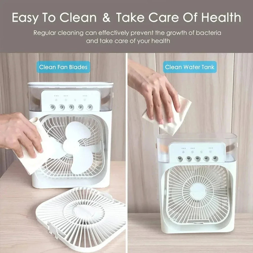 Yellow Pandora portable desktop air cooler fan on a home desk, compact and sleek for personal cooling.